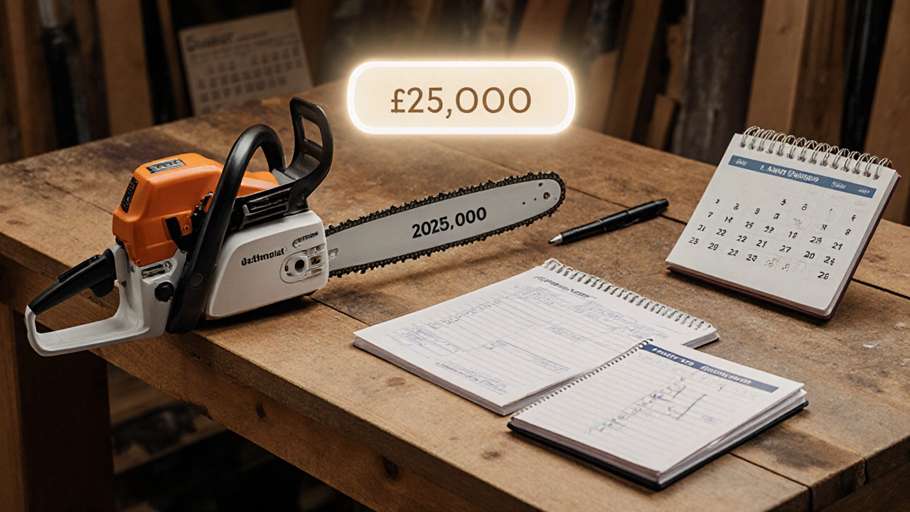 A chainsaw placed beside a budget planner, symbolizing credit as a powerful tool that must be used wisely.