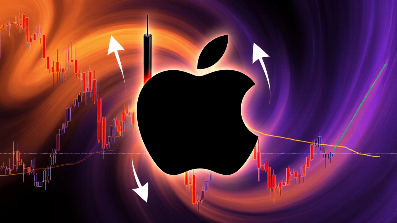 Abstract scene showing a black candle breaking a moving average with Apple logo silhouette.