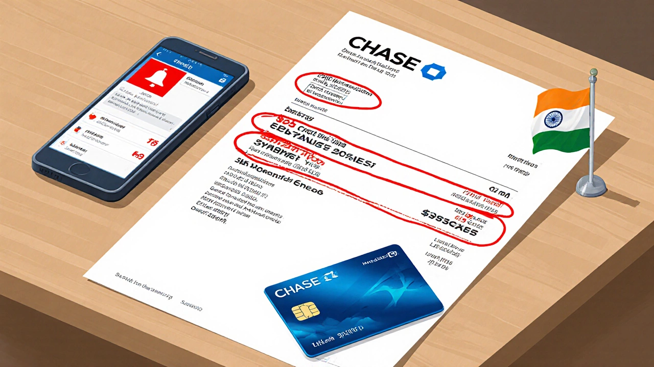 Bank statement illustration highlighting credit card fee, overdraft and 3% foreign fee.
