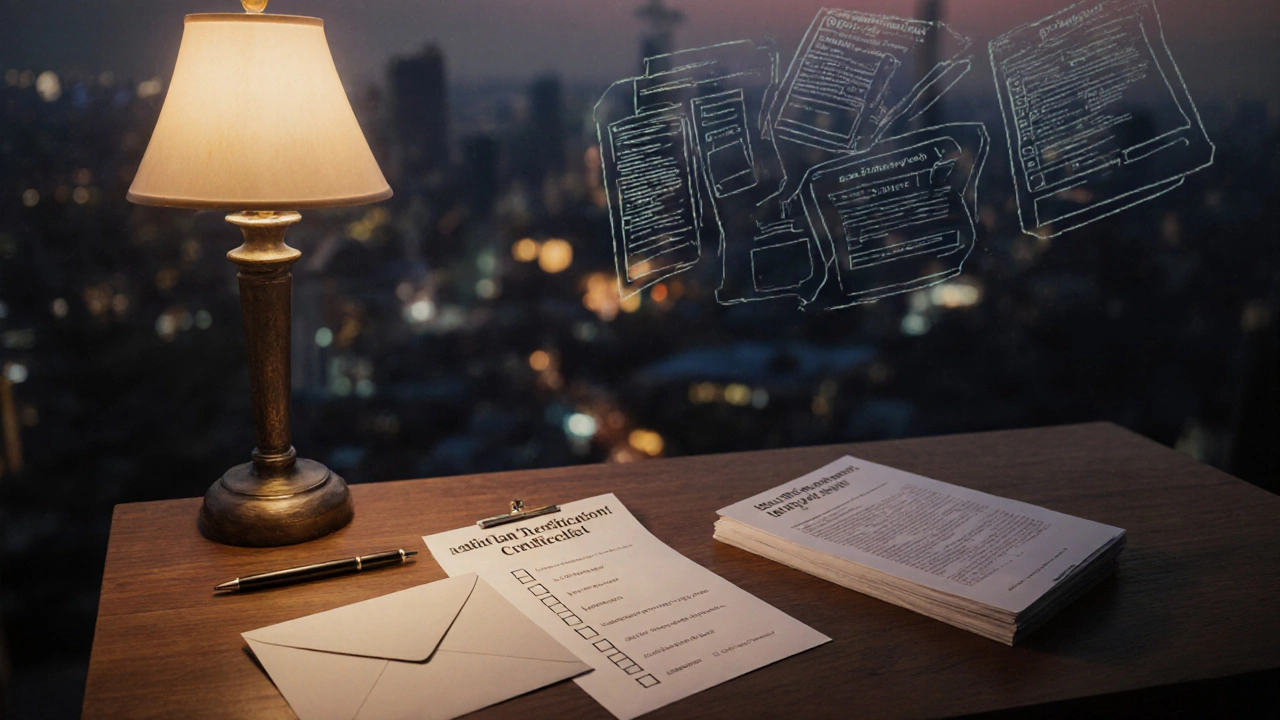 Desk scene with checklist, DPIIT envelope, audit reports, and glowing tax form overlay at dusk.
