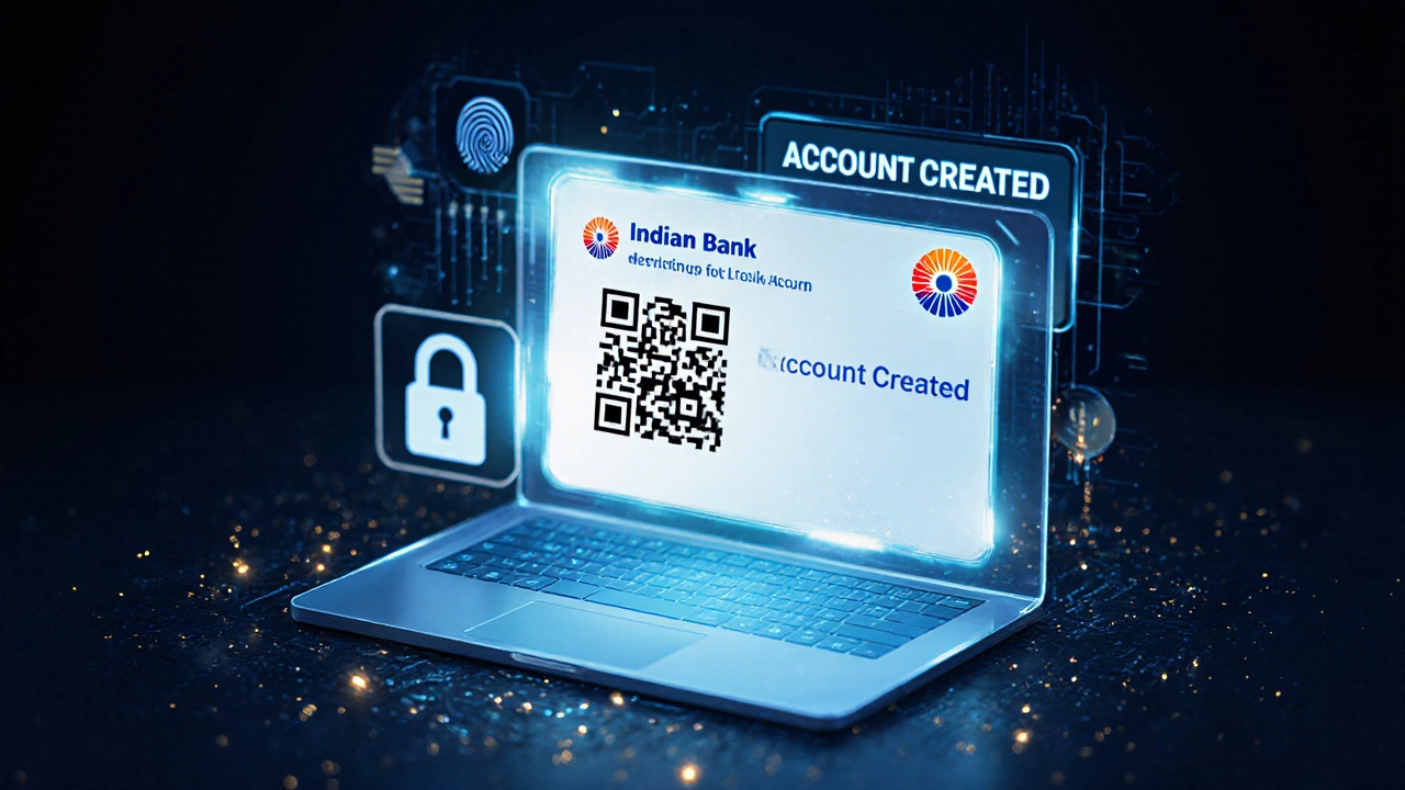 Digital illustration of QR code, virtual debit card, and security icons after account creation.