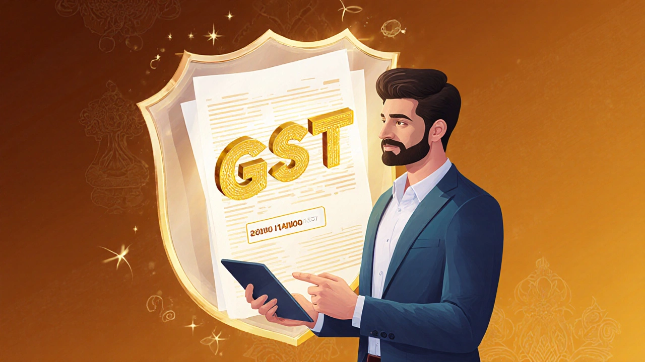 Entrepreneur celebrating successful GST filing with glowing acknowledgment.
