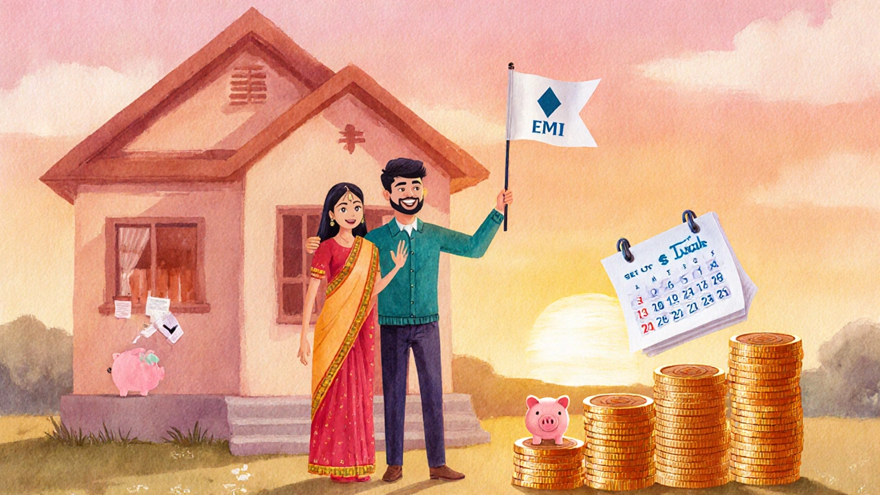 Family in front of a house showing reduced payment with smaller coin stack and calendar.