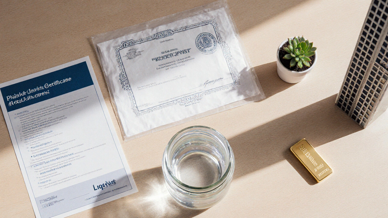 Flat‑lay of various short‑term investment items: FD certificate, water jar, bond paper, gold bar, building model, plant.