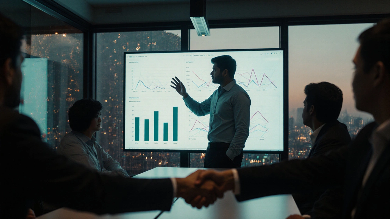 Founder presents data to investors in a sleek conference room, sealing a deal.