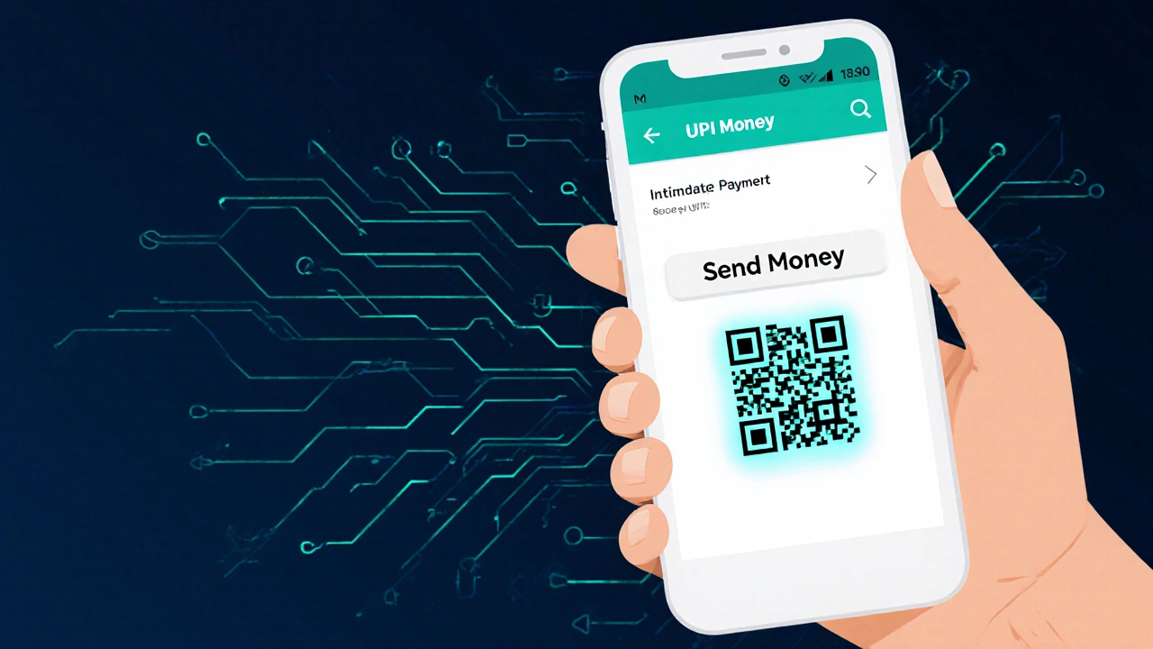 Hand holding a phone with a UPI transfer screen and glowing QR code, showing fast e‑banking.