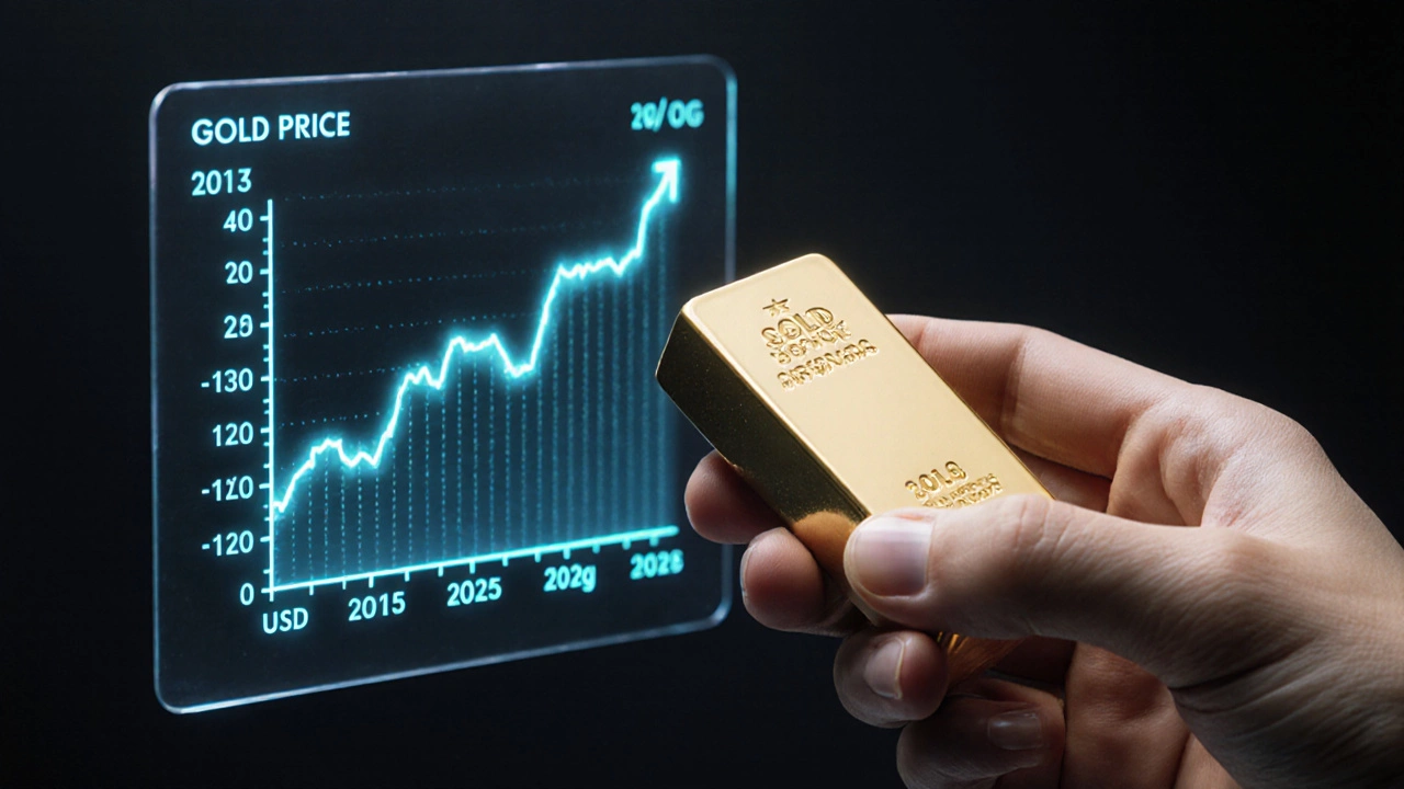 Hand holding gold bar beside a holographic chart of gold price growth from 2015 to 2025.
