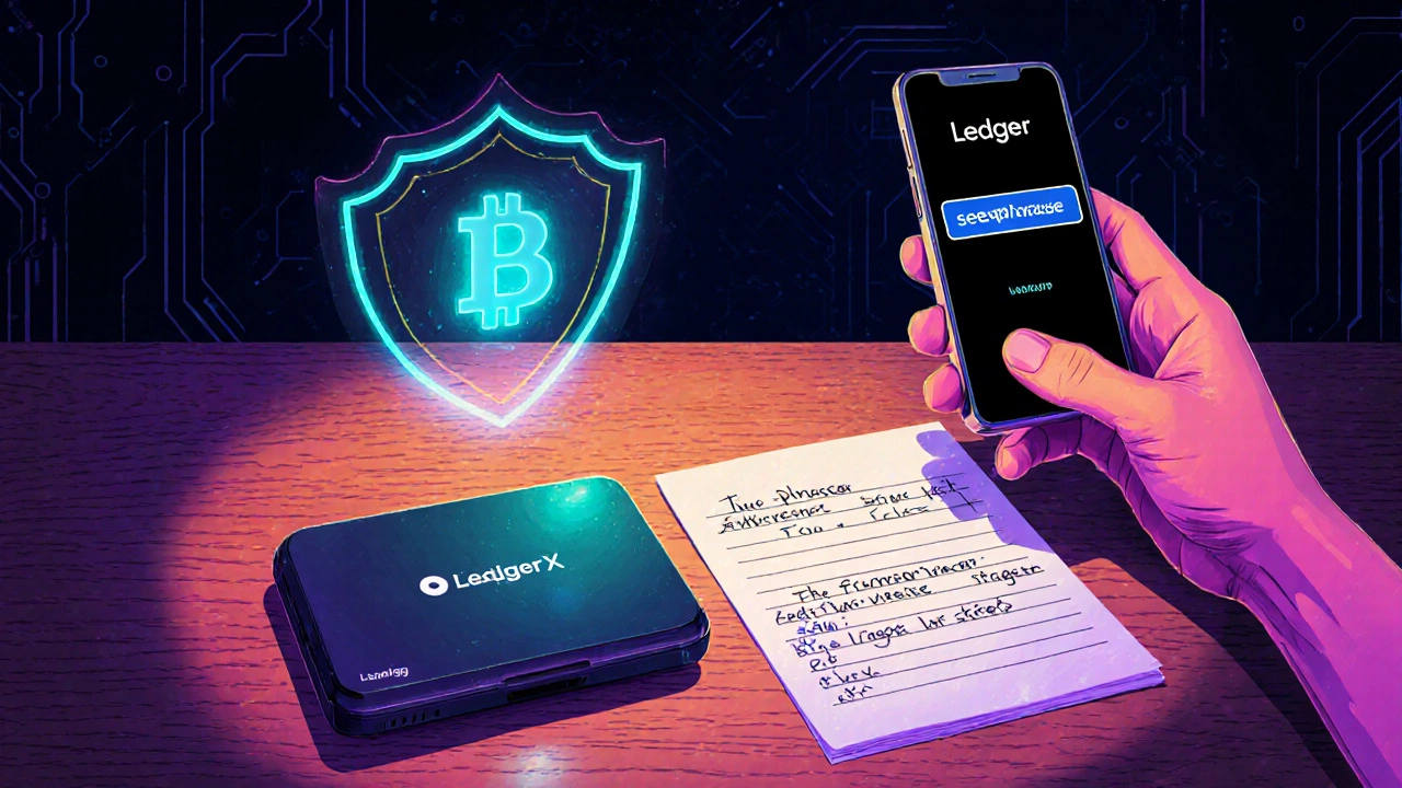 Hardware wallet and seed phrase paper beside a phone showing a 2FA code.