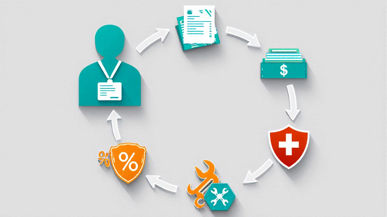 Illustrated icons for personal details, income, deductions, offsets, and Medicare levy.