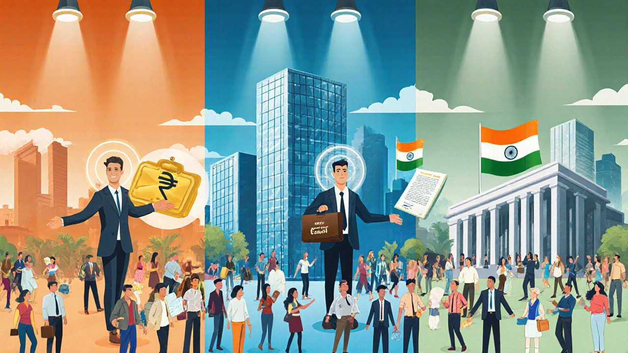 Illustrated marketplace showing angel, VC, and government grant figures with founders.