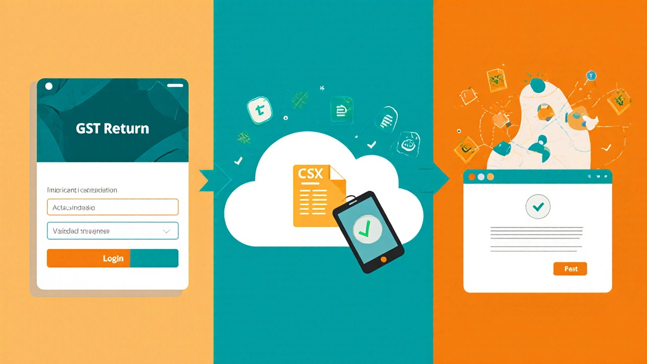 Illustrated steps showing login, CSV upload, and validation of GST return.