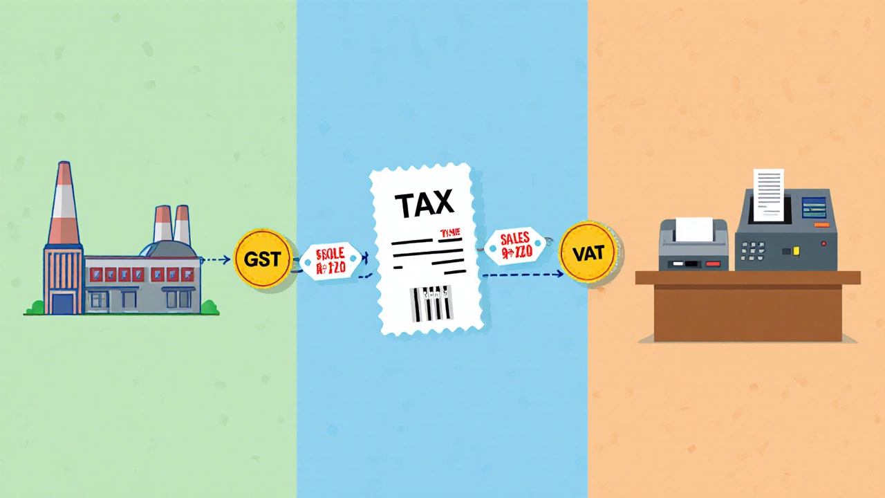 Illustration comparing GST, VAT, and U.S. sales tax in three side-by-side panels.