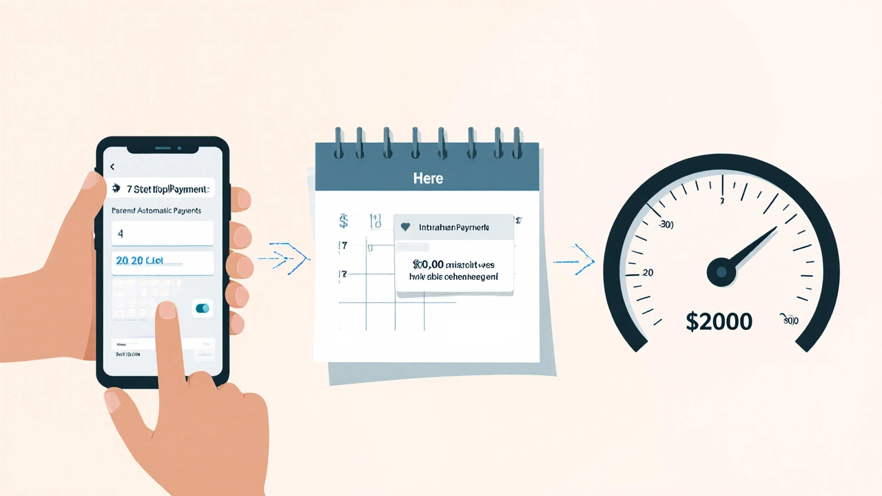 Illustration of automatic payment setup, calendar due date, and low utilization gauge.
