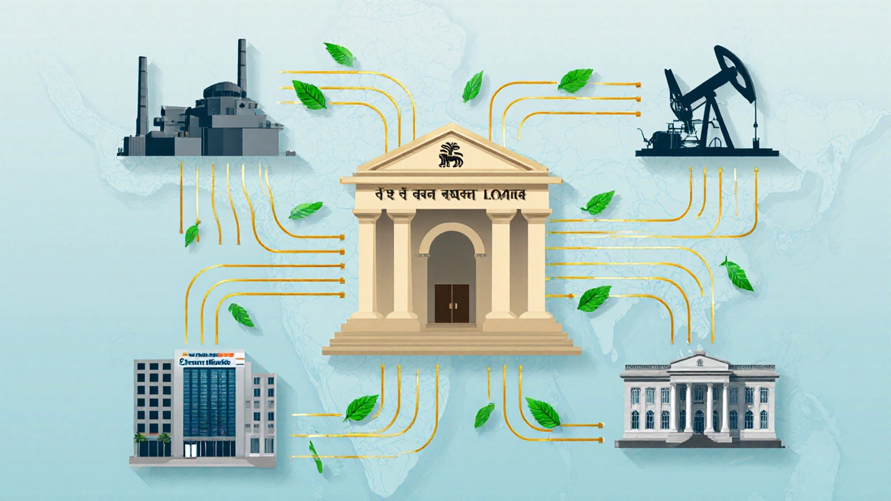 Illustration of bank tower sending loan streams to major Indian companies with green leaf symbols.