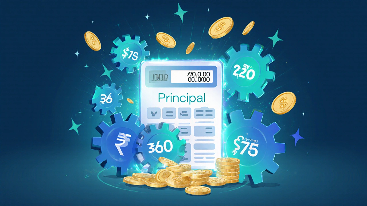 Illustration of EMI formula with calculator, floating numbers, gears, and coins.