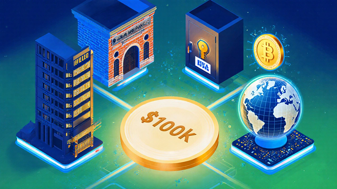 Illustration of five investment stations: stocks, real estate, savings, ETFs, and crypto around 0k.