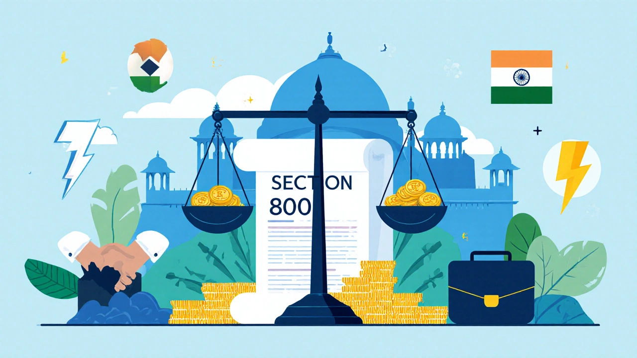 Illustration showing tax relief scales, coins, and Section 80I scroll with Indian Parliament silhouette.