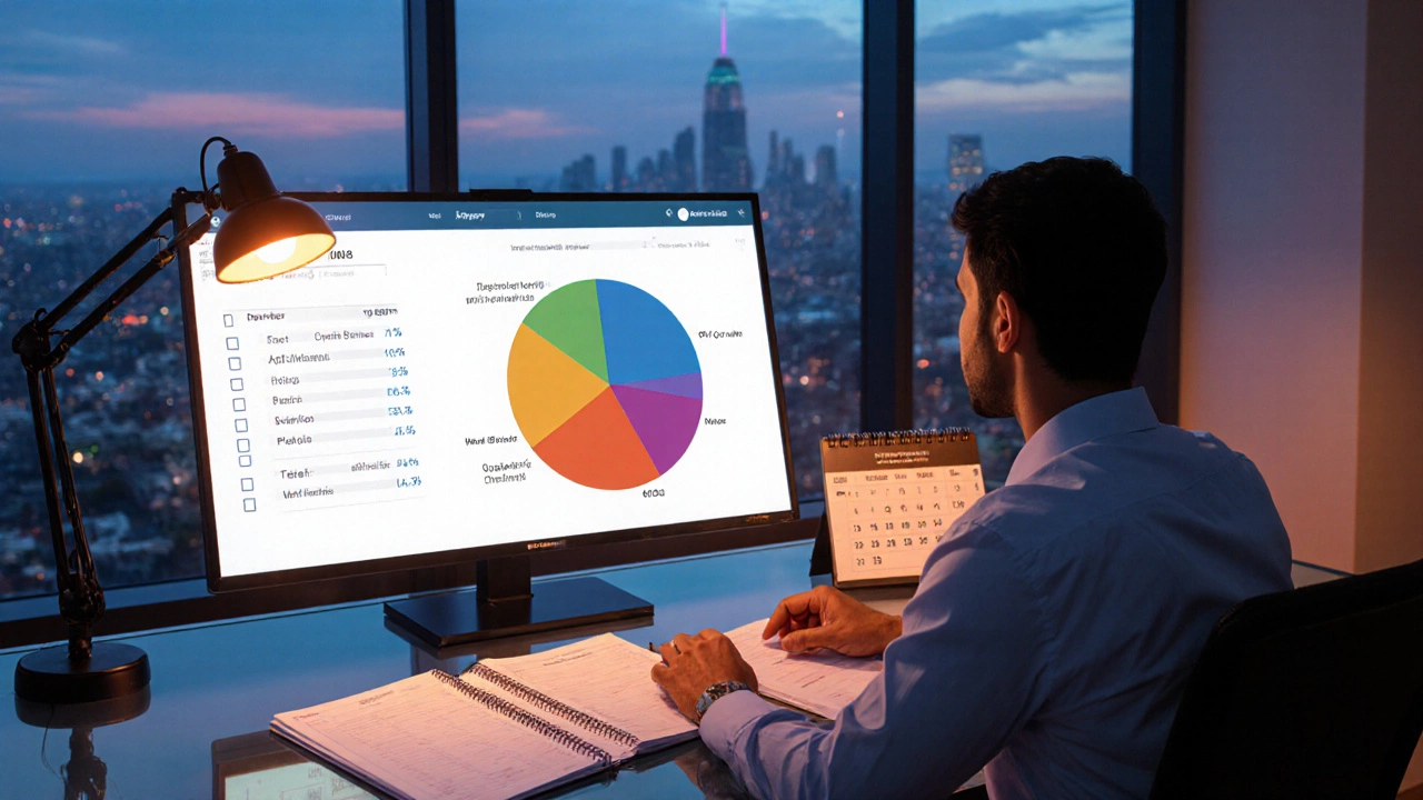 Indian investor checking a diversified portfolio chart and checklist in a modern office.