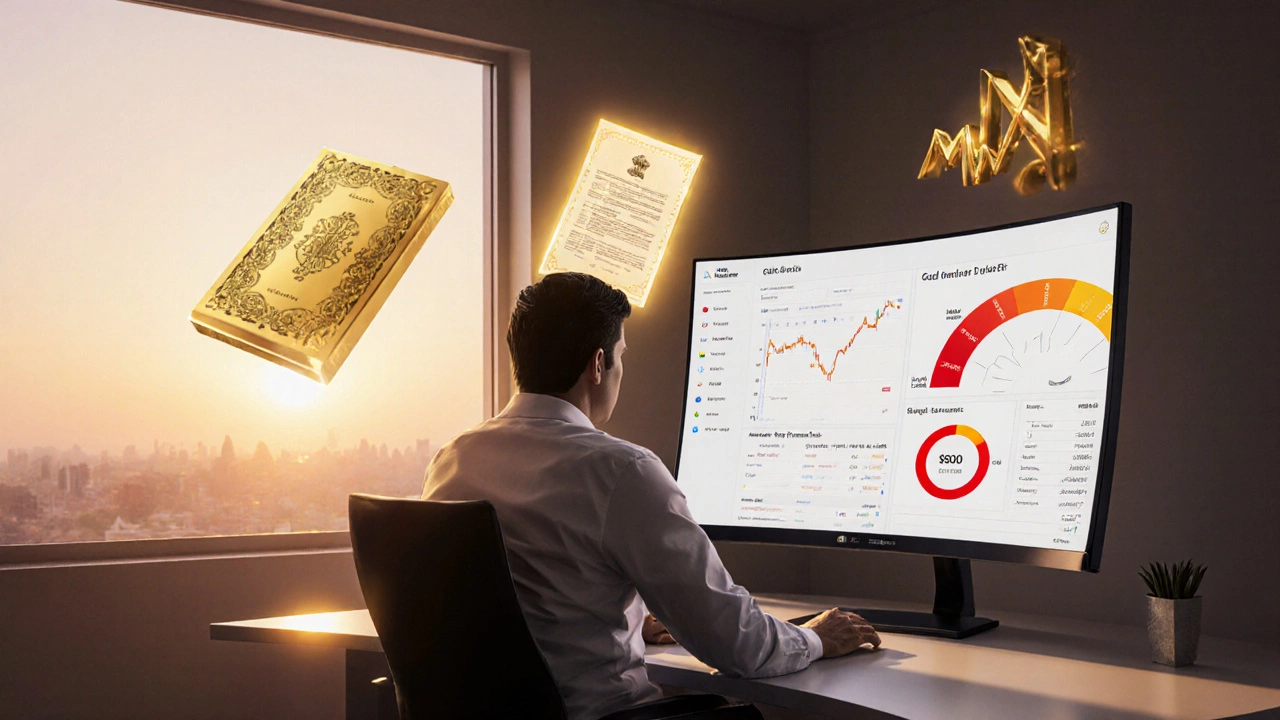 Investor reviewing gold bond, ETF, and loan visuals on a futuristic screen.