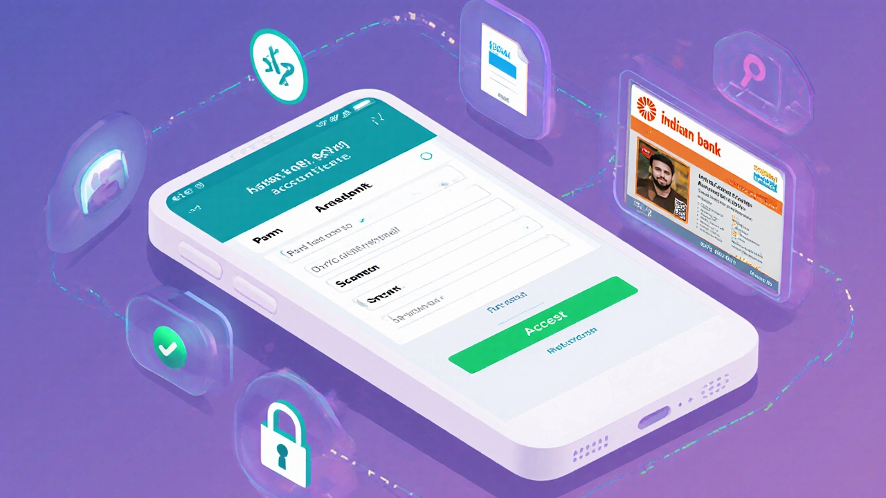 Isometric view of a phone showing Indian Bank account opening steps: form, eKYC, PAN OCR, digital signature.