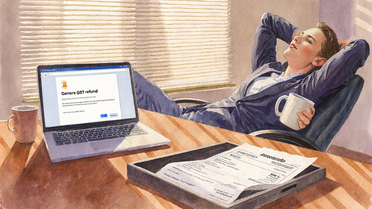 Owner celebrates refund receipt with coffee and a confirming laptop screen.