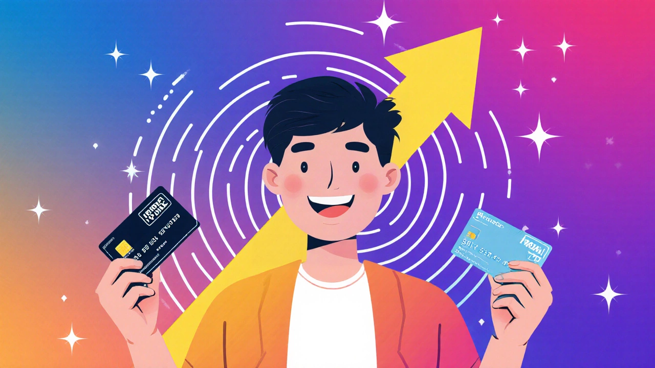 Person holding secured and unsecured cards with an upward arrow symbolizing credit score rise.