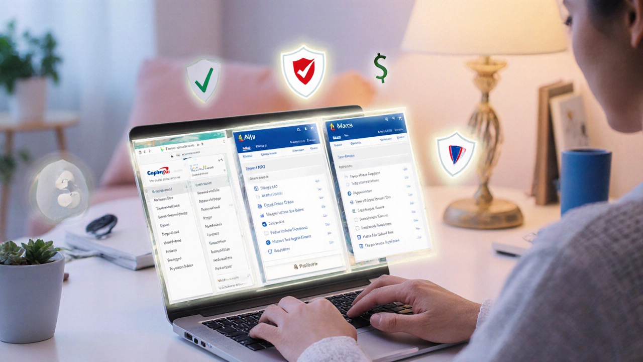Person in a home office reviewing three bank apps with security and breach icons floating nearby.