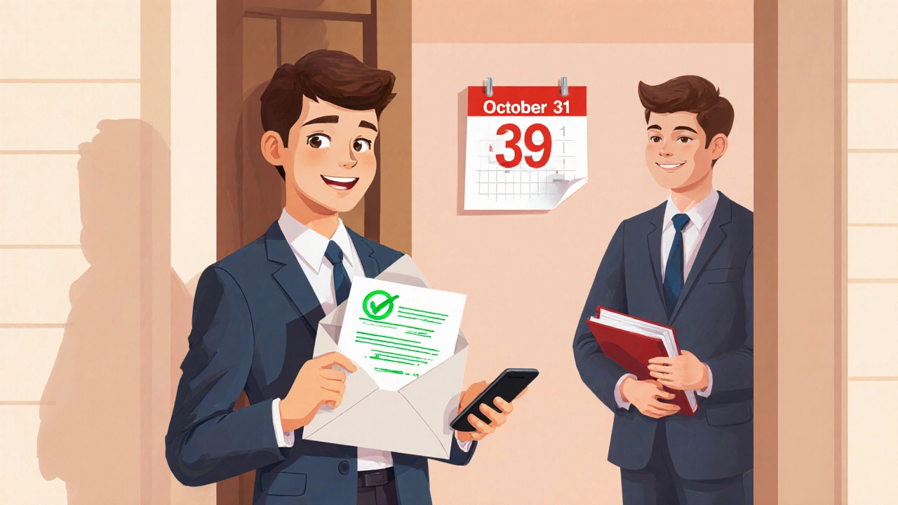 Person receiving a tax assessment envelope and phone refund notification beside an October calendar.