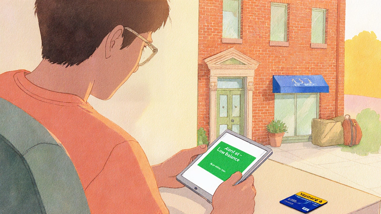 Person receiving low‑balance alert on tablet, with credit‑union building and backup card nearby.