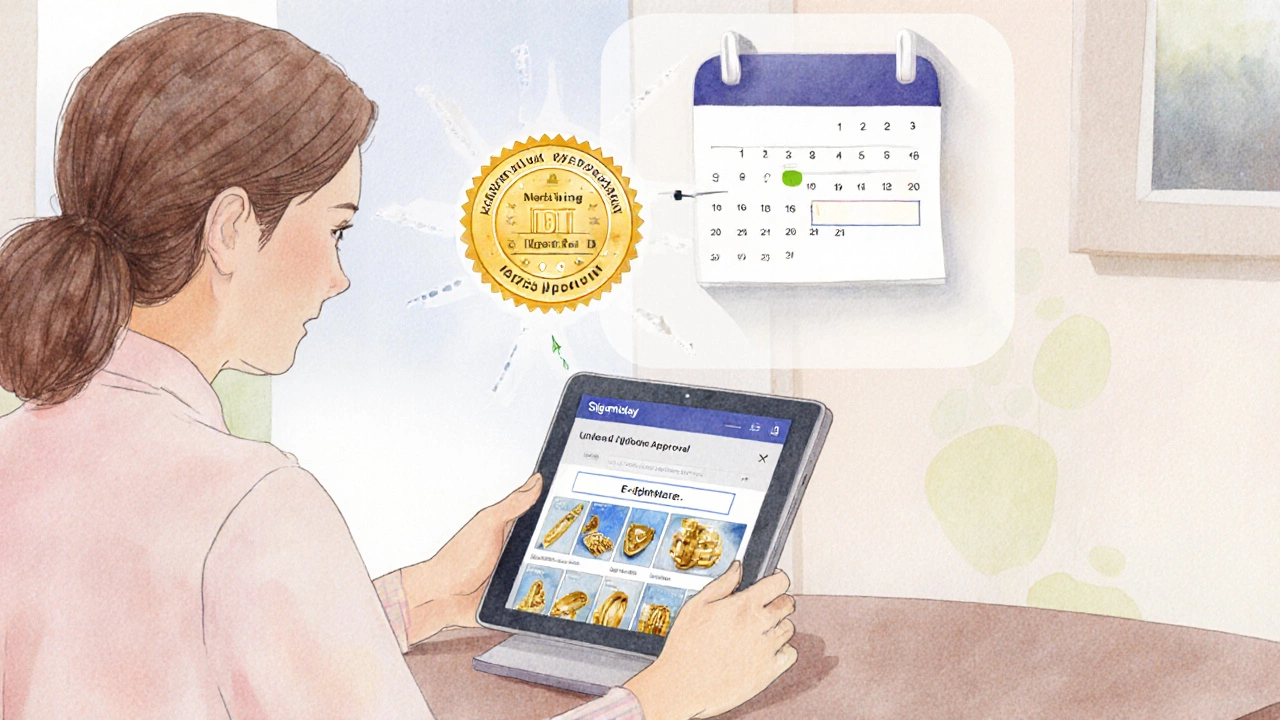 Person using tablet for digital gold loan, showing quick approval and fund transfer.