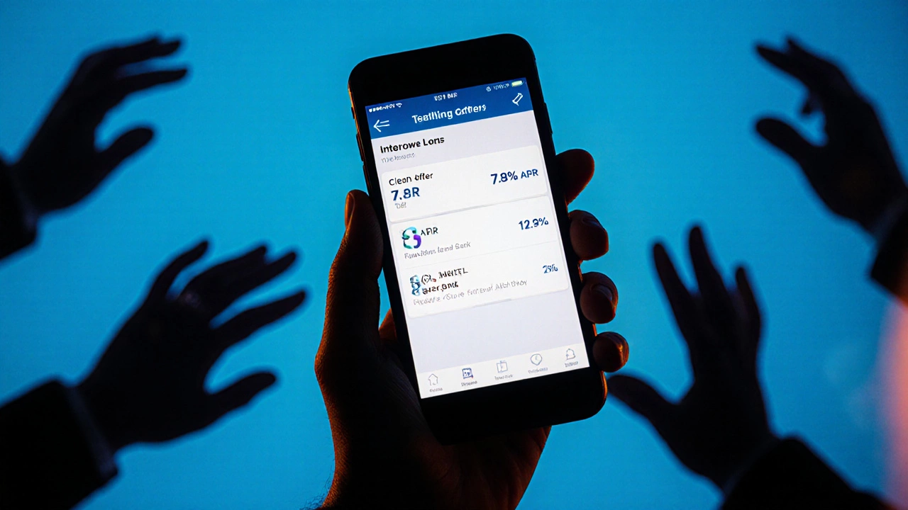 Phone showing competing loan offers with ghostly telemarketers in background