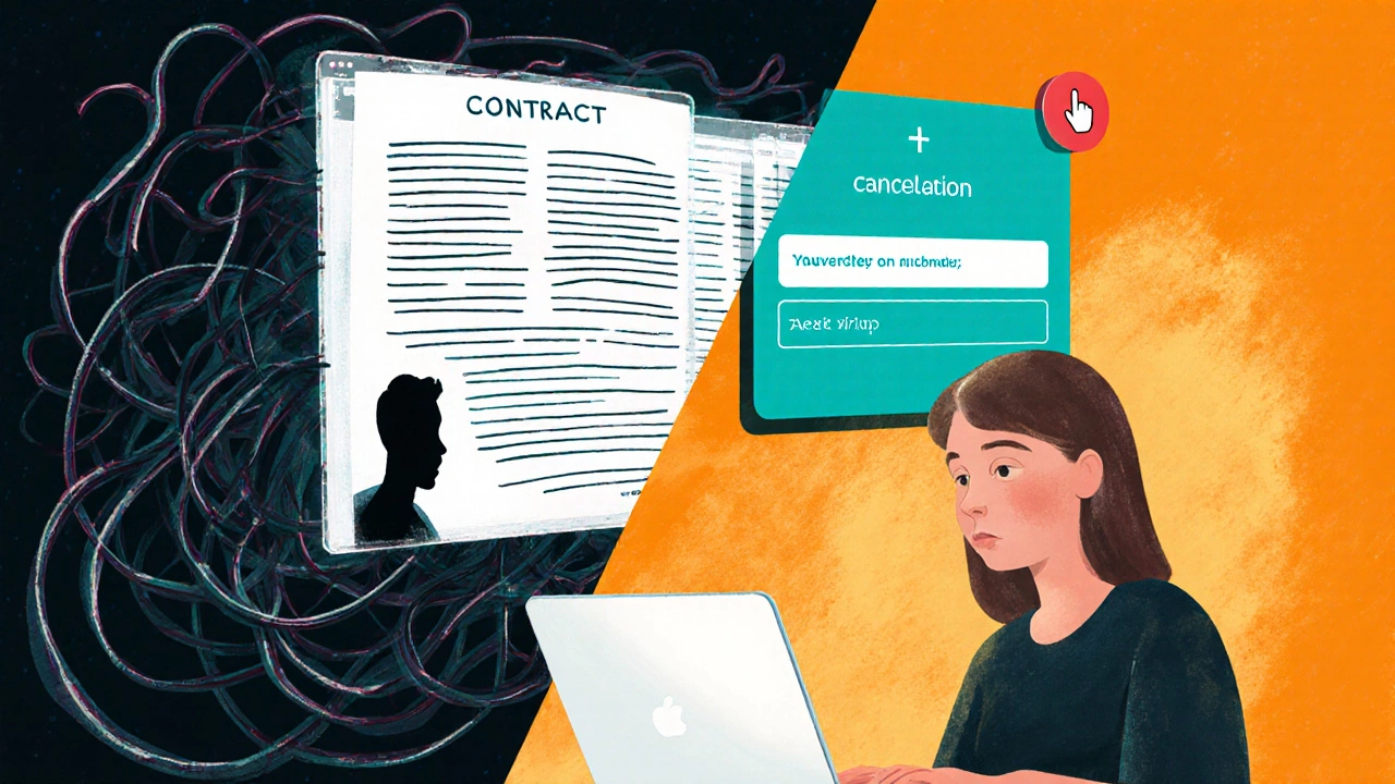 Split image showing an unfair contract web turning into a clear, fair agreement with a happy consumer using an online portal.