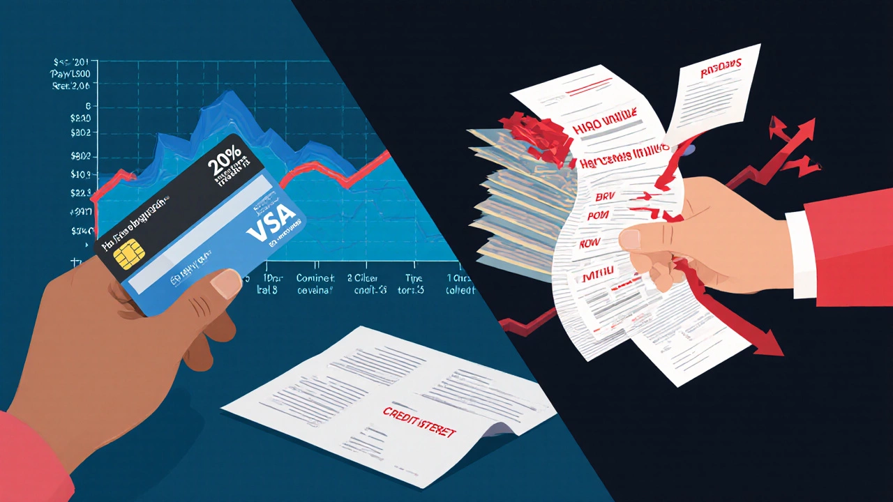 Split-screen showing responsible credit use versus overwhelming debt with visual indicators of credit score impact.