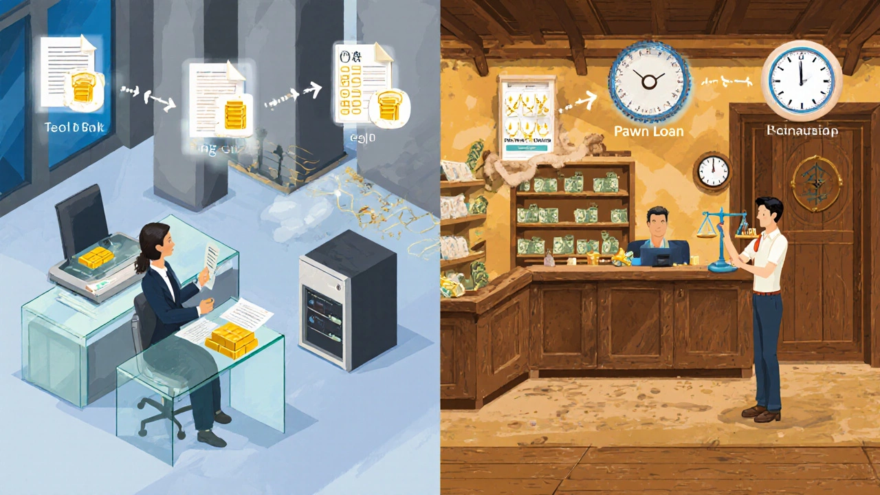Split view of bank and pawnshop showing gold loan steps from application to cash.
