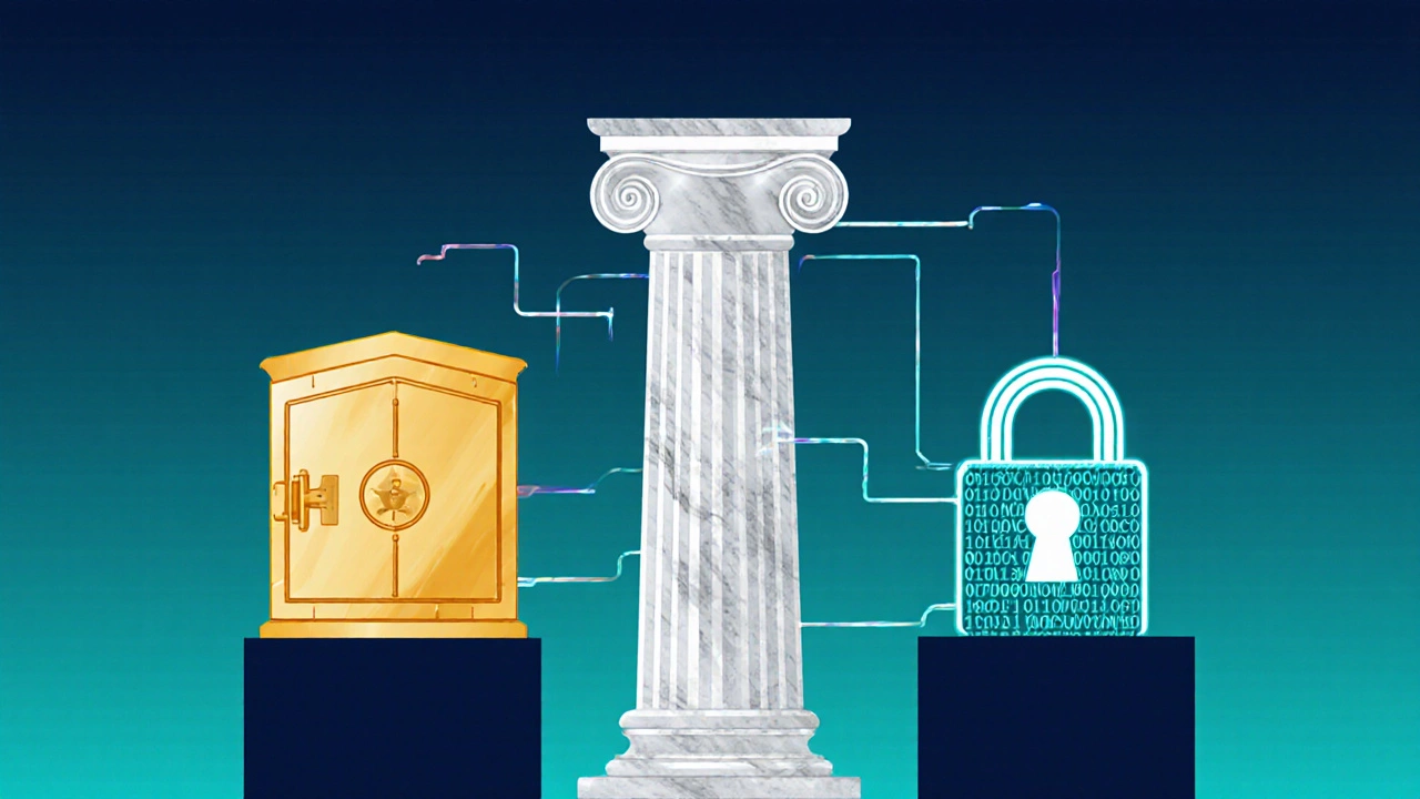 Three icons representing deposit insurance, regulation, and cybersecurity as pillars of safety.