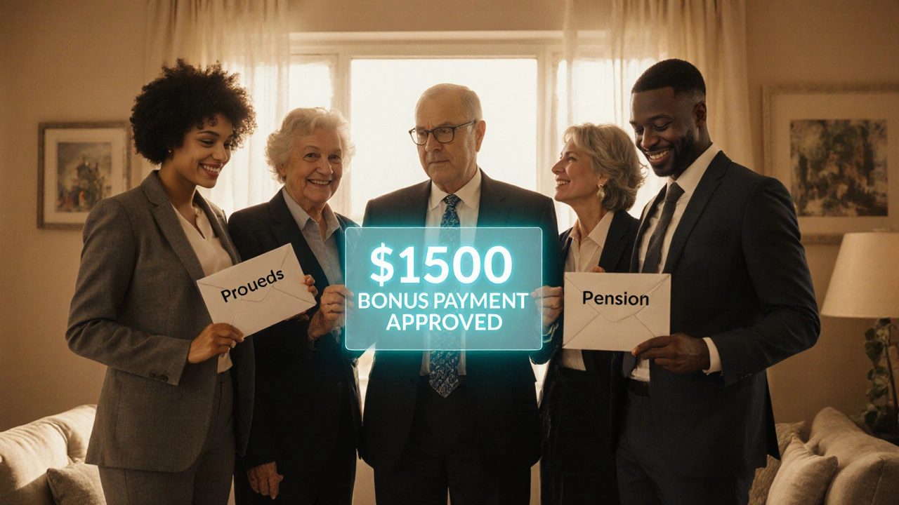 Three professionals holding money envelopes with a digital 00 bonus notification above them.
