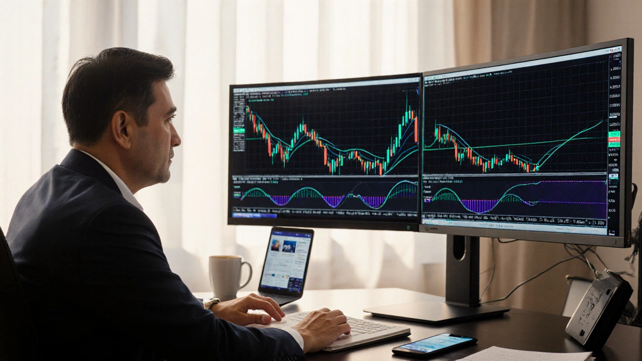Trader analyzing a screen with multiple black candles, volume bars, and moving average.