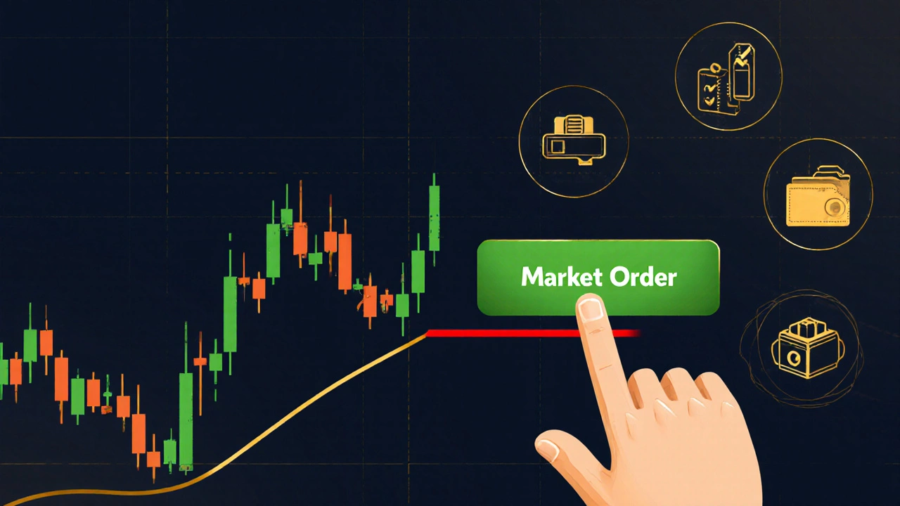 Trading screen with candlestick chart, market order button, and stop‑loss line.