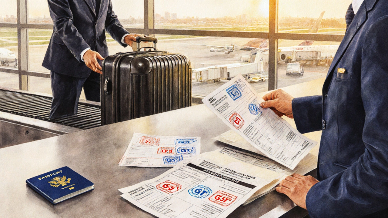 Traveler at airport customs with foreign GST receipts and a tax form.