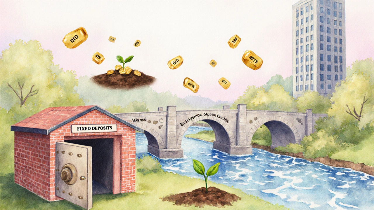 Watercolor scene showing a garden of financial symbols representing a diversified short‑term portfolio.
