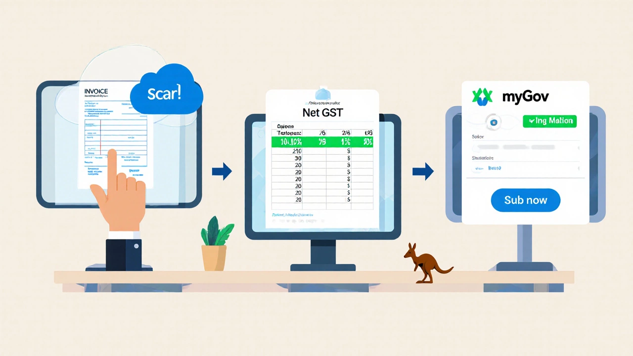Workflow illustration of scanning invoices, calculating GST, and submitting online.
