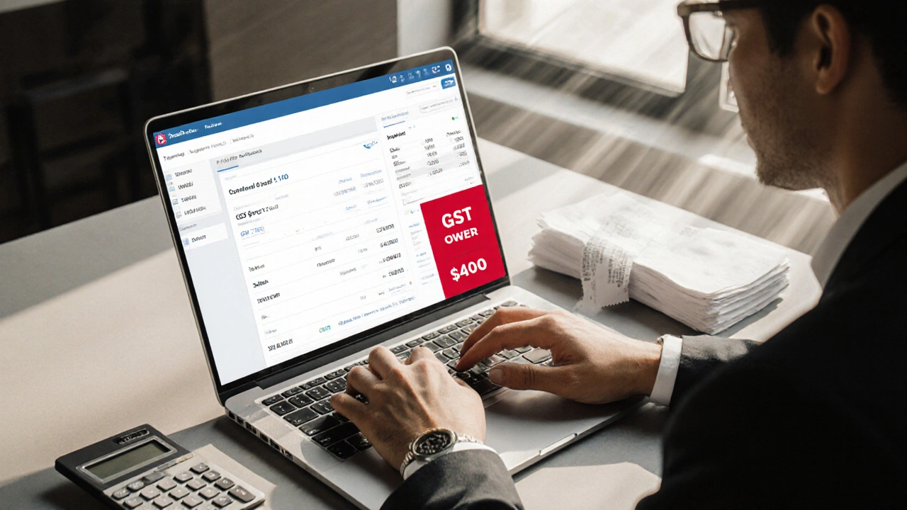 A business owner reviewing GST figures on a laptop with receipts and calculator nearby.