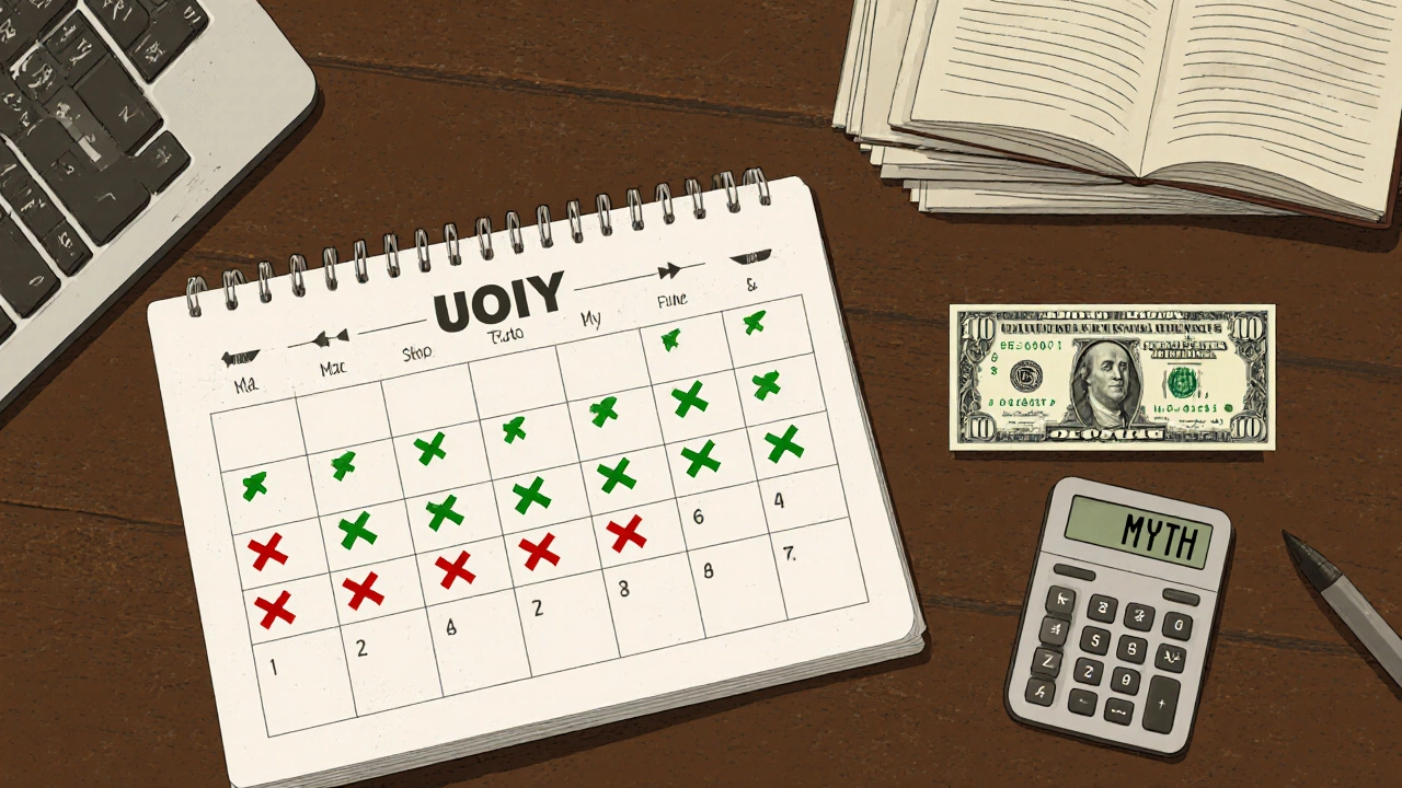 A monthly trading calendar with mostly empty or losing days, next to journals and a small profit note.