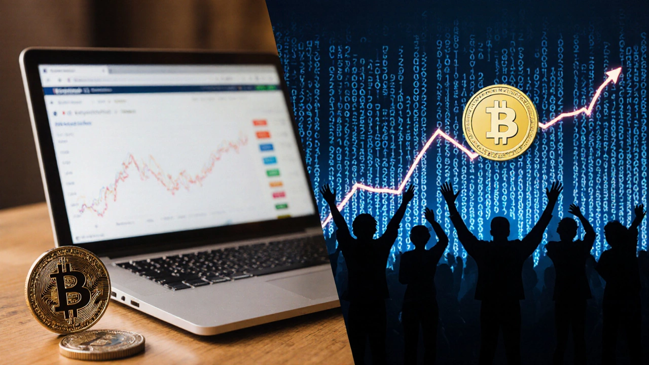 A physical dollar coin beside a laptop showing a crypto token surging from <h2>Where do people sell these coins?</h2>.98 to .70.