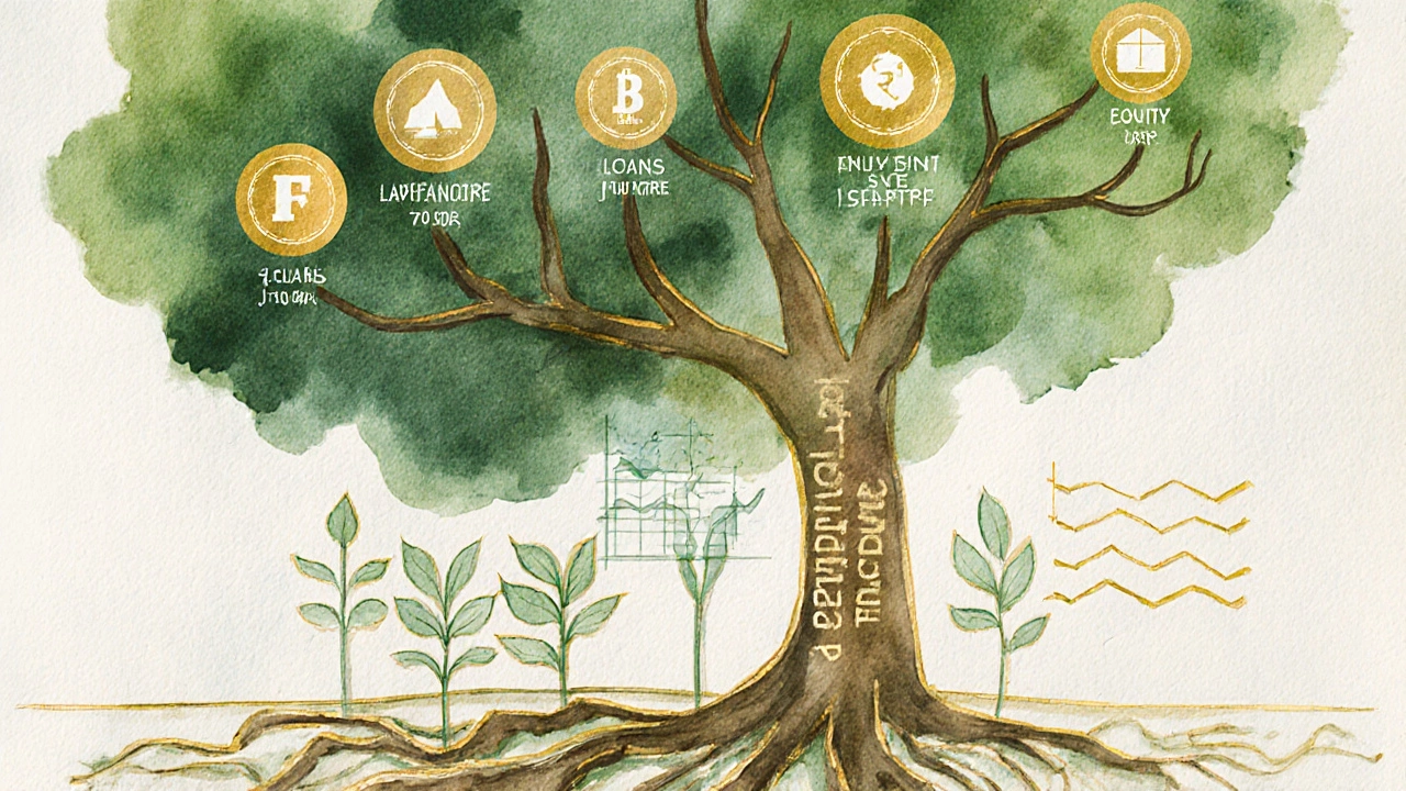Abstract tree with funding pathways labeled as grants, loans, and equity for startups