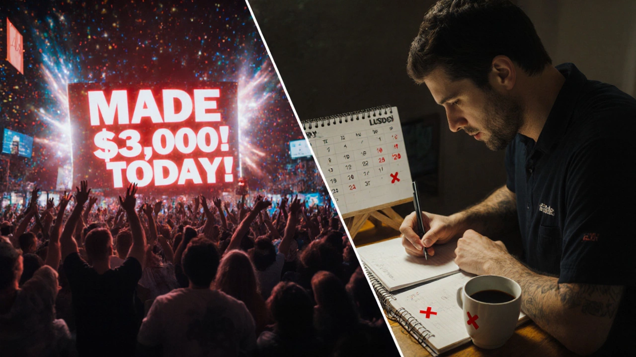 Contrasting image of a flashy trading success video versus a lonely trader journaling losses at 3 a.m.