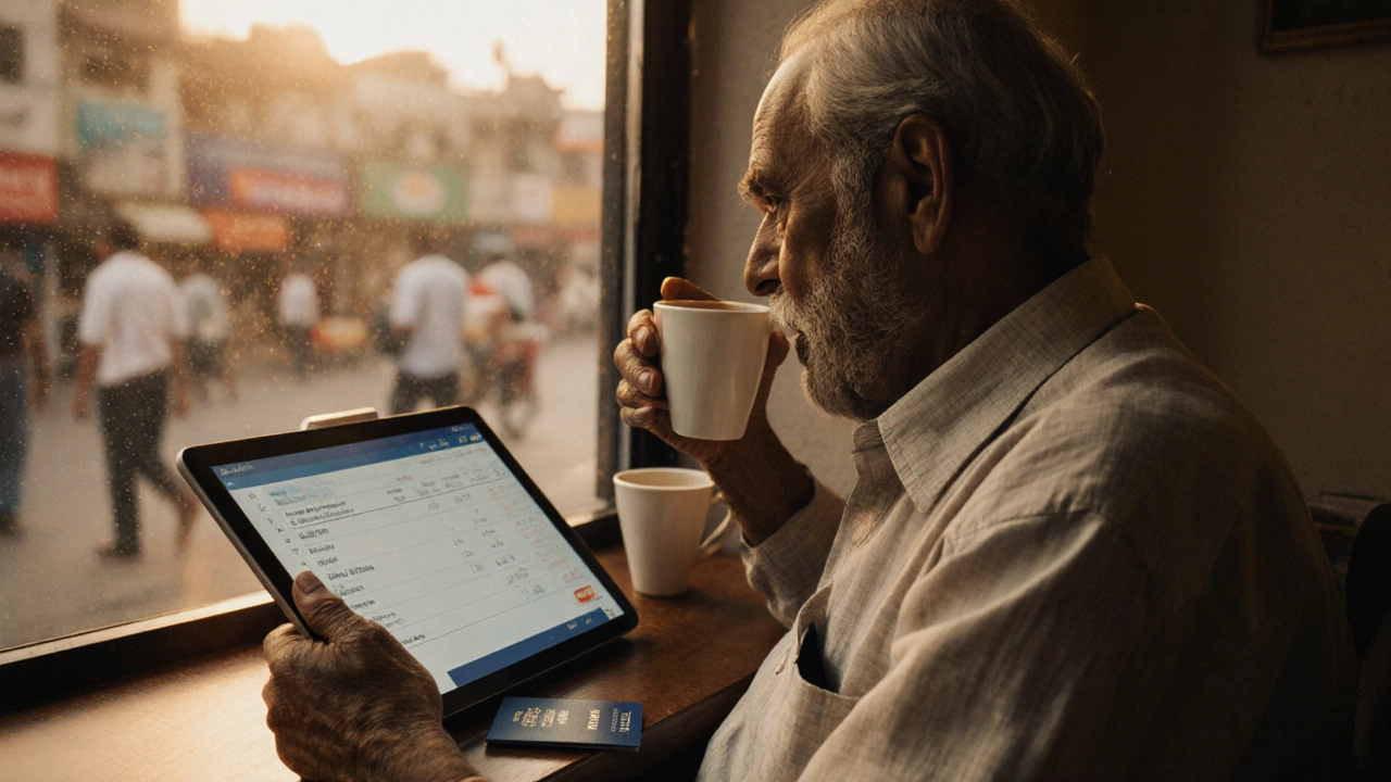 Elderly OCI holder reviewing bank statements at a café in Hyderabad with passport and OCI card nearby.