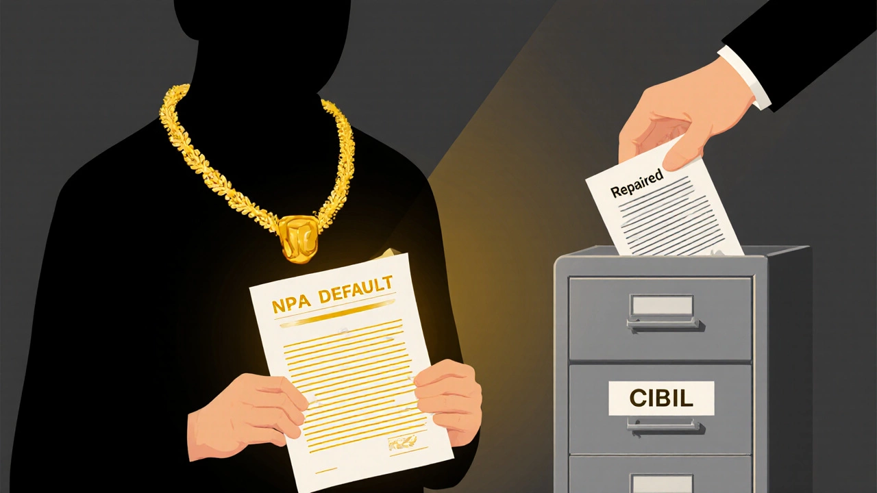 Gold necklace being auctioned with legal notice, contrasting default and positive credit outcomes.