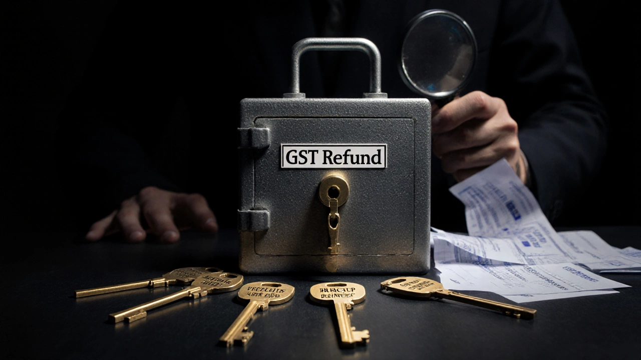 Locked refund vault with five keys representing GST claim rules