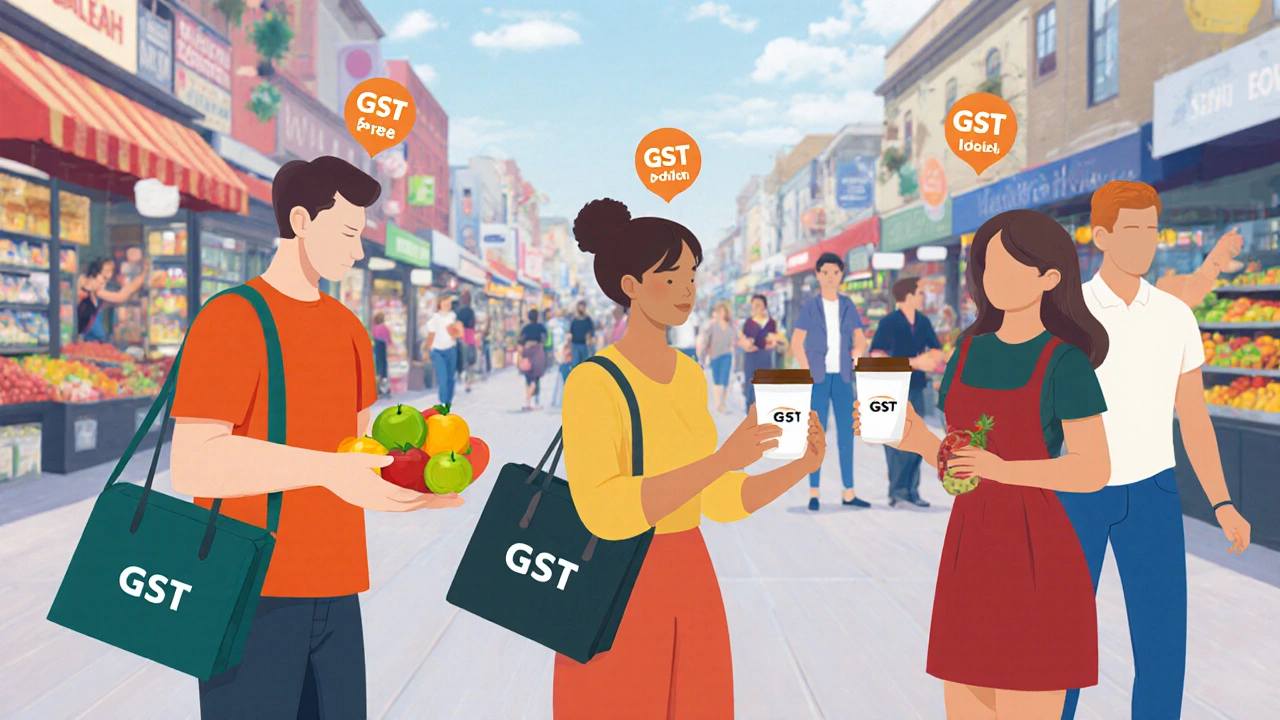 Shoppers in a market buying items with subtle GST tags on taxable and exempt goods.